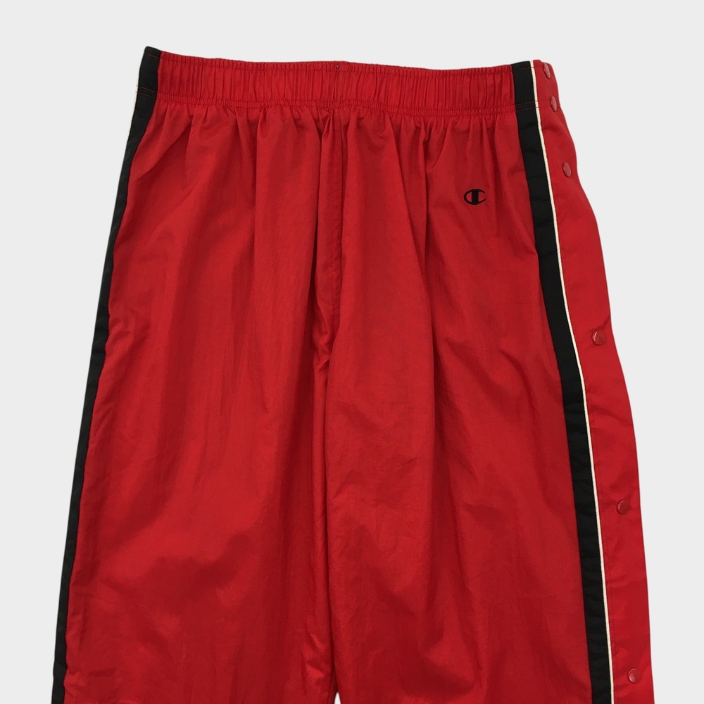 VINTAGE Champion Mens Red Snap Breakaway Track Pants Nylon Side Stripe XL Lined